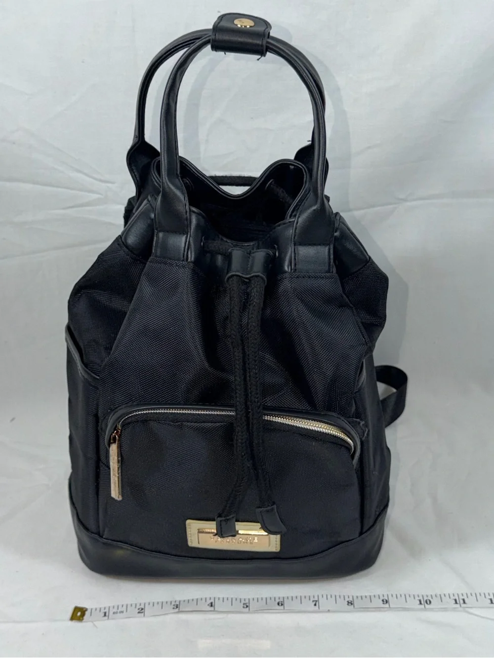 Versace Parfums Black Nylon Backpack Gold Logo NWOT Cinch Drawstring Travel Bag